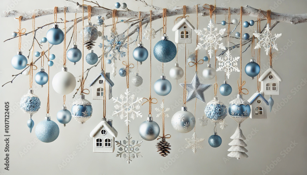 Obraz premium Festive holiday decor with baubles, snowflakes, and charming house ornaments.