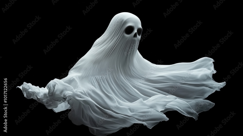 Ethereal ghost figure drifting through darkness with flowing white fabric and hollow eyes Ethereal ghost figure drifting through darkness with flowing white fabric and hollow eyes