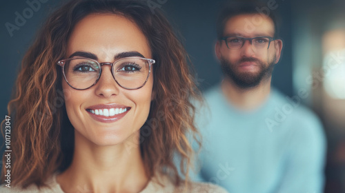 A young woman with curly brown hair and glasses smiles brightly, while a man stands behind her, out of focus.