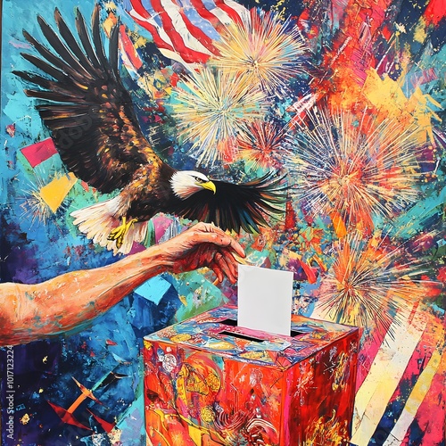 An abstract representation of a hand gracefully tossing a ballot into a vibrant, decorated voting box, surrounded by elements like fireworks, eagles, and the American flag. 