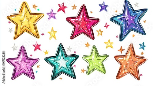 Cute, colorful stars drawn like a child would, with sparkles and shine. These hand-drawn stars are perfect for adding a playful touch to your designs.