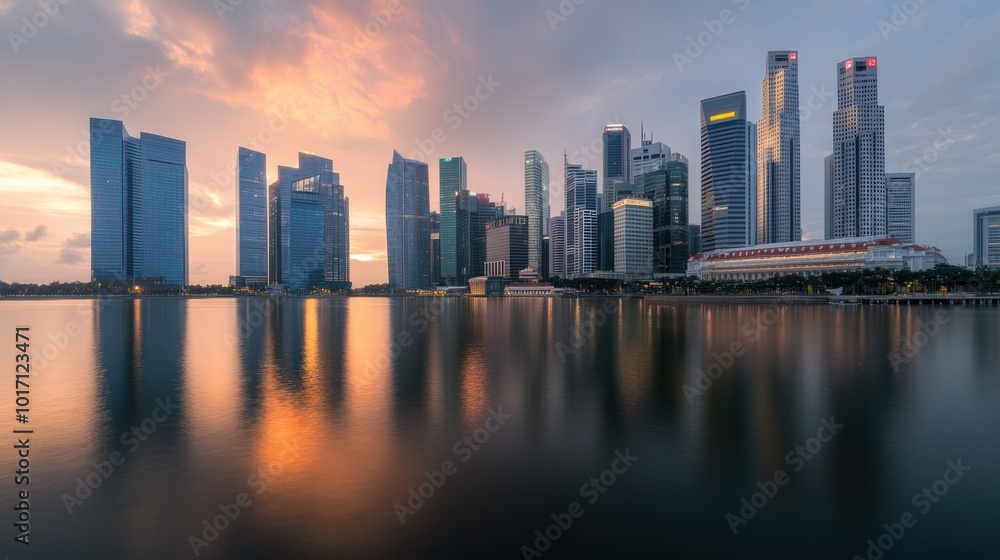 Naklejka premium Singapore Skyline with Reflections and a Pink Sunset
