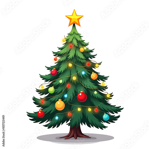 Illustration of christmas tree fully adorned with ornaments.