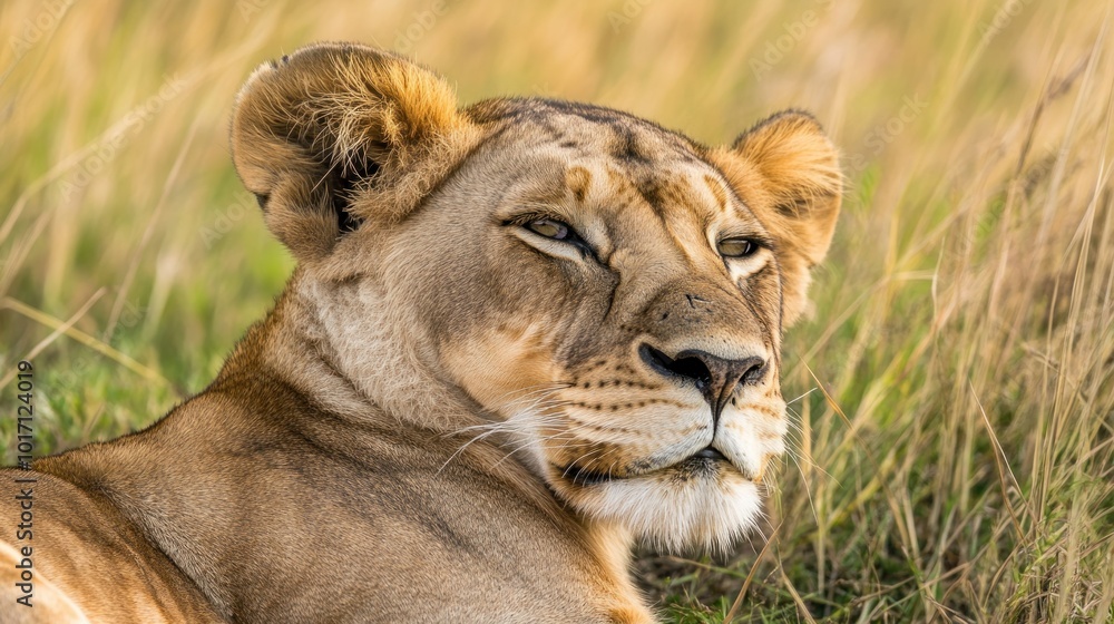 Naklejka premium Close-up of a Lioness Resting in Tall Grass