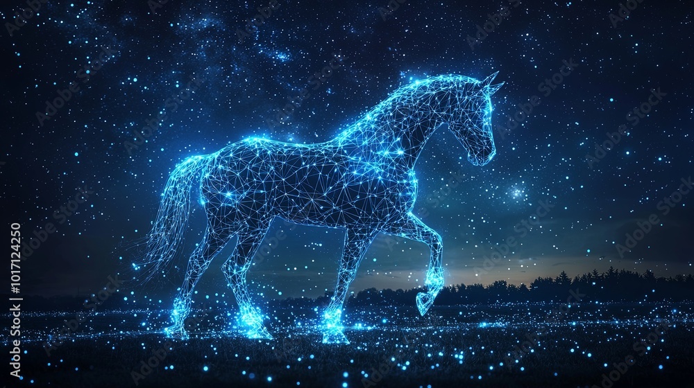 A digital horse composed of constellation-like stars stands against a dark, starry night sky, capturing the essence of cosmic beauty and wonder. A digital horse composed of constellation-like stars stands against a dark, starry night sky, capturing the essence of cosmic beauty and wonder.