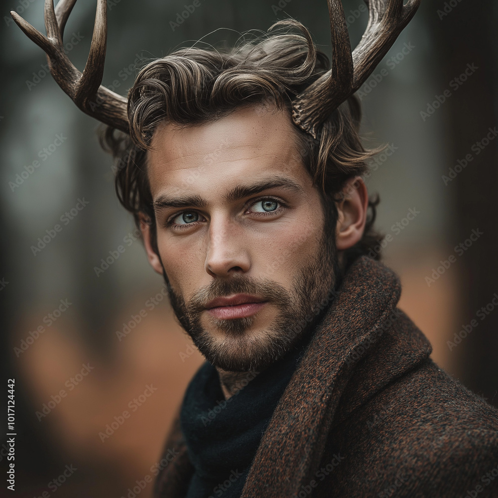 Fototapeta premium Handsome man with antlers in stylish outdoor attire posing confidently in a mystical forest 
