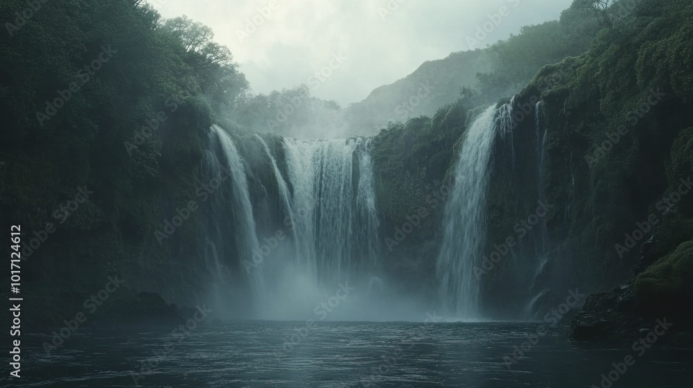 Fototapeta premium Majestic Waterfall Cascading Through Foggy Forest