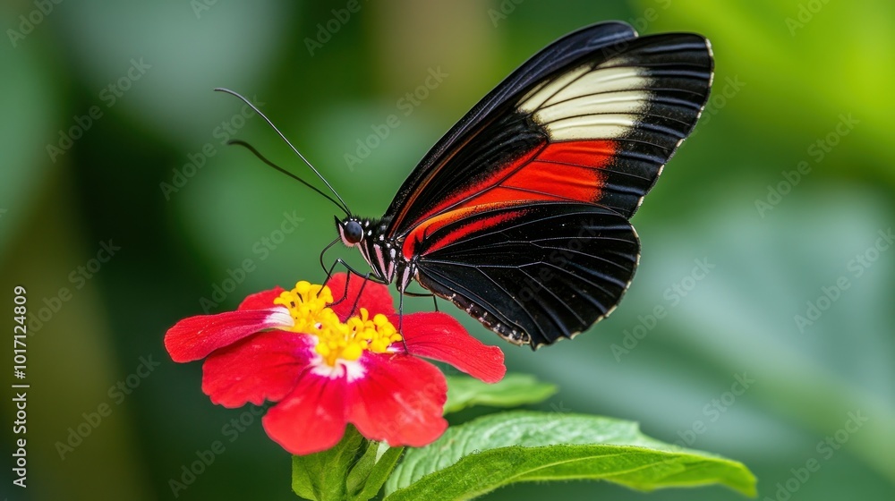 Black and Red Butterfly with White Markings Feeding on a Red Flower Black and Red Butterfly with White Markings Feeding on a Red Flower