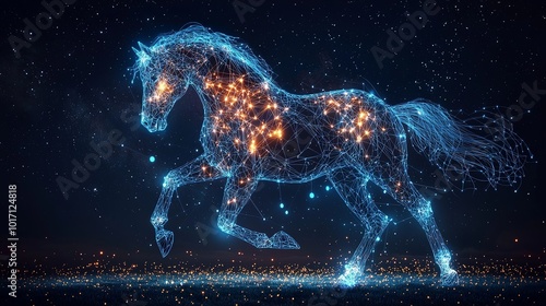 A neon-hued horse appearing to gallop, depicted with intricate digital lines and sparks, presents a fusion of motion and fanciful technology against a starlit sky.