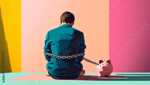 Illustrated Business Man Chained To Piggy Bank Wages Debt Money Finances Concept