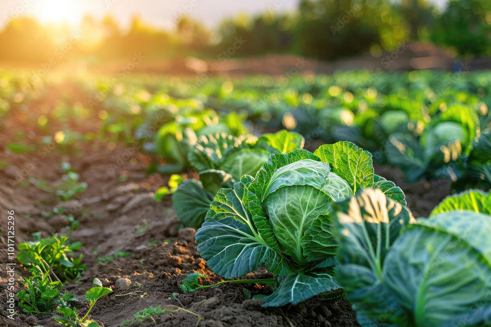Rows of cabbage growing in agricultural field Rows of cabbage growing in agricultural field