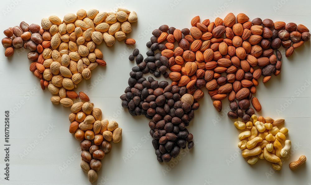 Obraz premium A world map laid out of nuts on a white background.