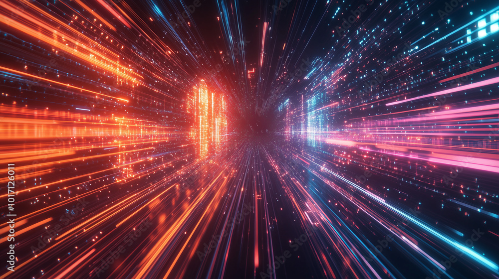 Abstract digital tunnel with bright red and blue streaks of light. Abstract digital tunnel with bright red and blue streaks of light.