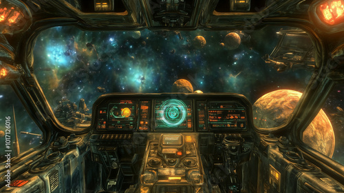 Wallpaper Mural A spaceship cockpit view of a sprawling nebula and planets. Torontodigital.ca