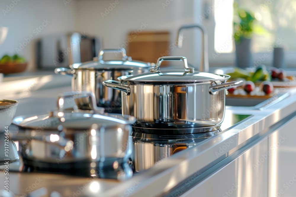 Sleek stainless steel pots sit on a shiny stovetop, surrounded by vibrant ingredients in a bright and airy kitchen. Generative AI Sleek stainless steel pots sit on a shiny stovetop, surrounded by vibrant ingredients in a bright and airy kitchen. Generative AI