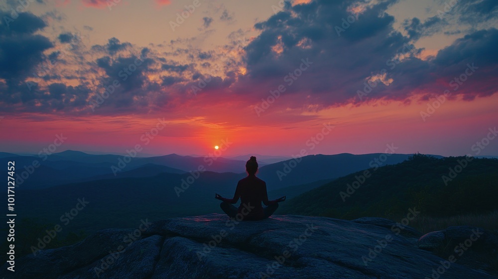 Silhouetted Figure Meditating on a Mountaintop at Sunset Silhouetted Figure Meditating on a Mountaintop at Sunset