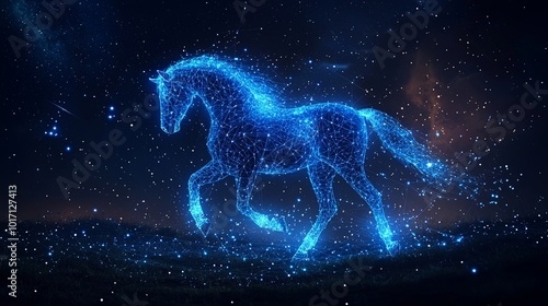 A majestic horse formed from a web of glowing blue beams set against a cosmic backdrop, capturing the imagination with surreal grace and beauty.