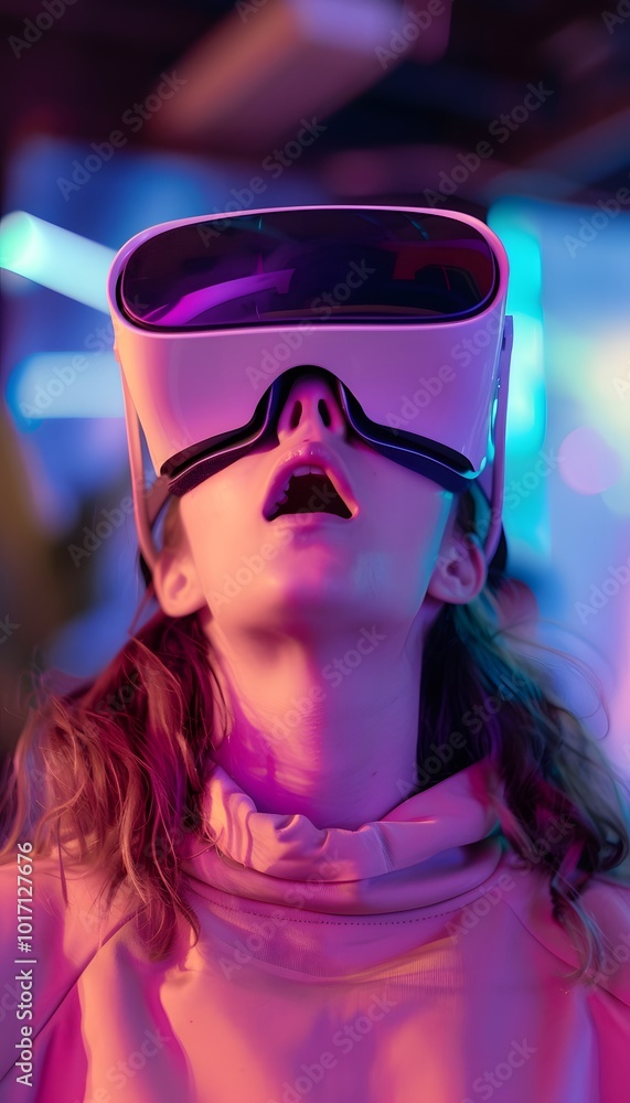 Portrait of amazed young woman in a VR headset explores Portrait of amazed young woman in a VR headset explores