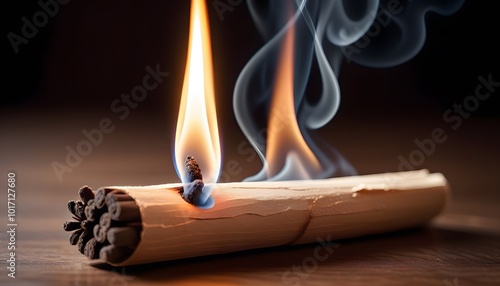 A burning smokehouse with a bright flame and a trickle of smoke on a dark background photo