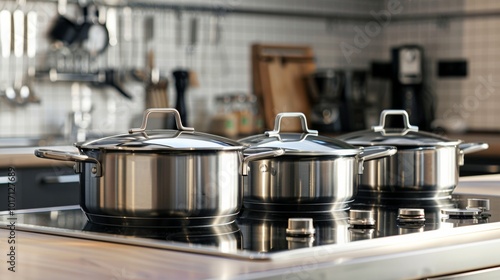 Three stainless steel pots with glass lids are neatly organized on a stove in a contemporary kitchen setting. Generative AI