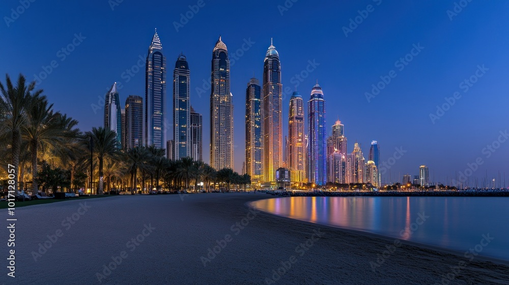 Fototapeta premium Illuminated Skyscrapers on a Beach at Dusk in Dubai