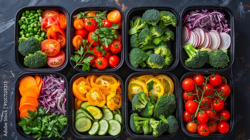 Balanced Vegetarian Meal Prep Containers with Fresh Assorted Vegetables on Dark Background Balanced Vegetarian Meal Prep Containers with Fresh Assorted Vegetables on Dark Background