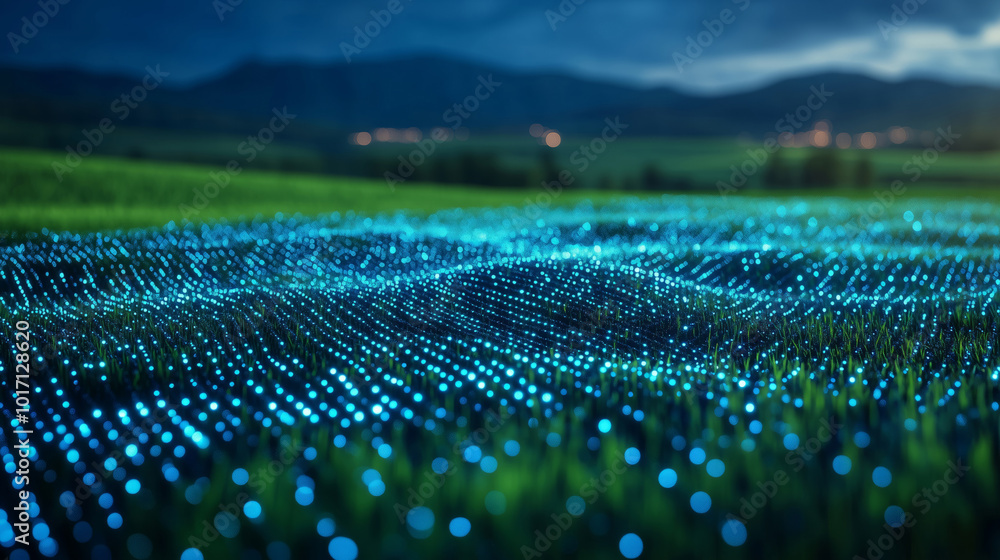 Fototapeta premium Abstract representation of digital waves across a glowing landscape at night