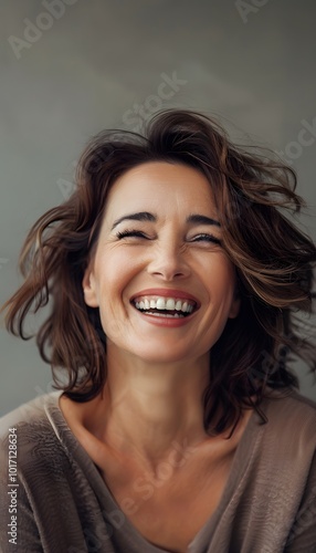 Portrait of happy and laughing middle aged pretty woman