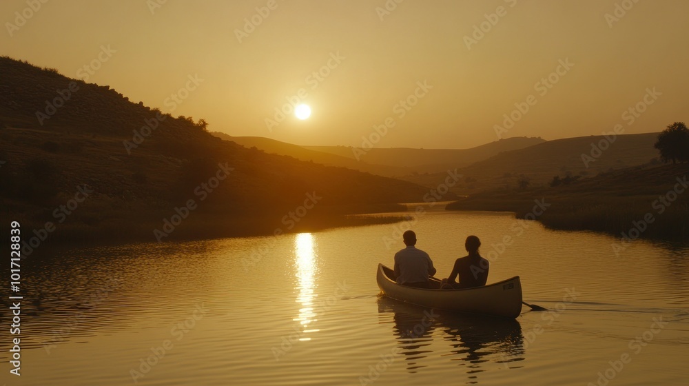 Couple Canoeing on a Tranquil Lake at Sunset Couple Canoeing on a Tranquil Lake at Sunset