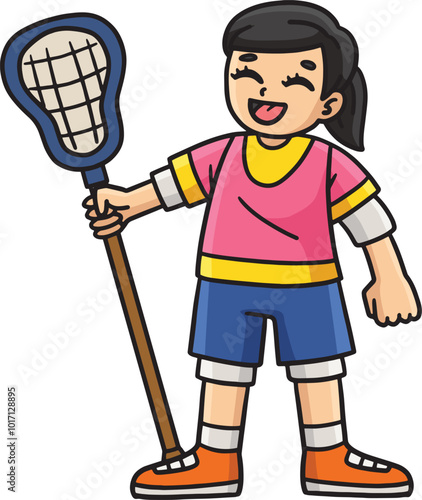 Daughter Holding a Lacrosse Stick Cartoon Clipart
