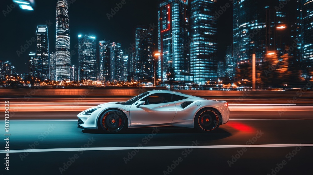 White Sports Car Driving Through a City at Night White Sports Car Driving Through a City at Night