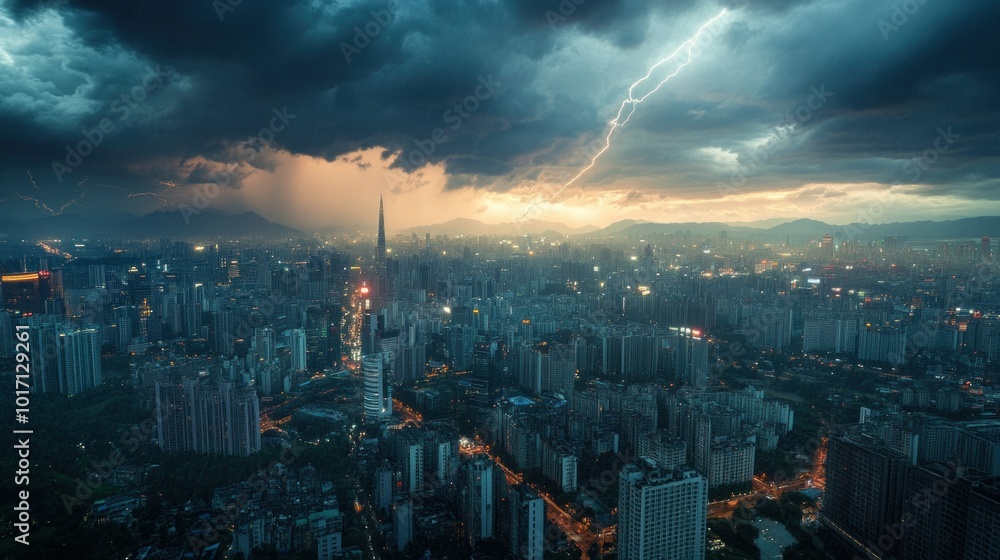 Fototapeta premium Lightning Strikes Over a Dense Cityscape at Dusk
