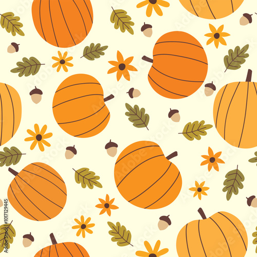 Pumpkin seamless pattern. Thanksgiving background. Autumn pattern with pumpkins, acorns, flowers and fall leaves. Vector illustration.