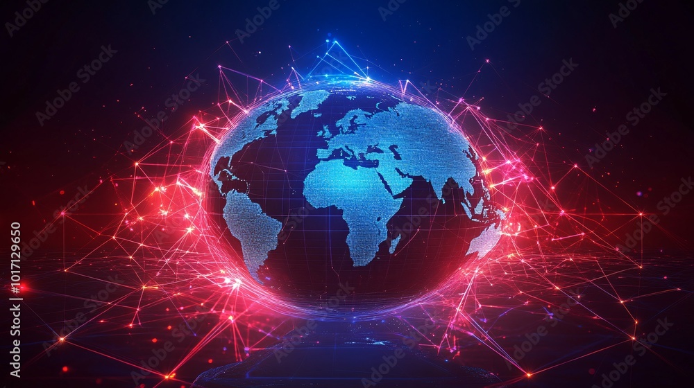 A 3D Globe Surrounded by a Digital Network of Red and Blue Lines A 3D Globe Surrounded by a Digital Network of Red and Blue Lines