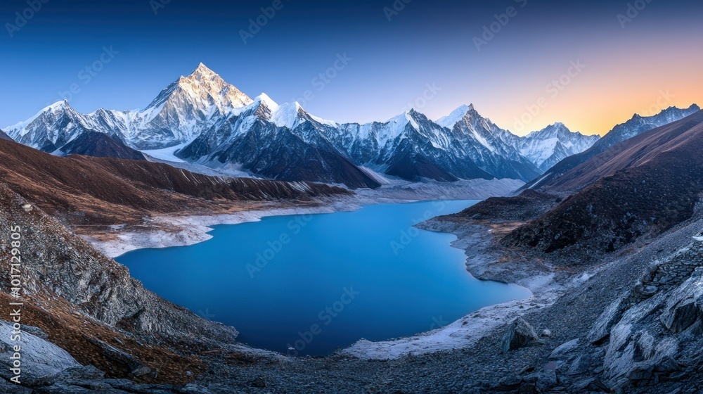 A Serene Glacial Lake Nestled Among Majestic Snow-Capped Mountains at Sunrise A Serene Glacial Lake Nestled Among Majestic Snow-Capped Mountains at Sunrise