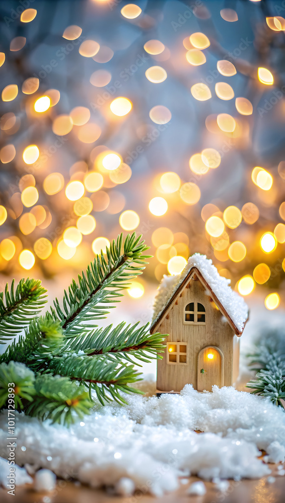 Christmas and New Year greeting card. Festive decoration with Christmas tree and house on snow on bokeh background. Christmas and New Year greeting card. Festive decoration with Christmas tree and house on snow on bokeh background.