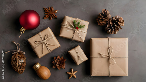 Christmas gift boxes with ornaments on dark background. Top view.