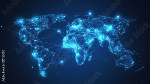 A glowing blue digital world map with interconnected points of light