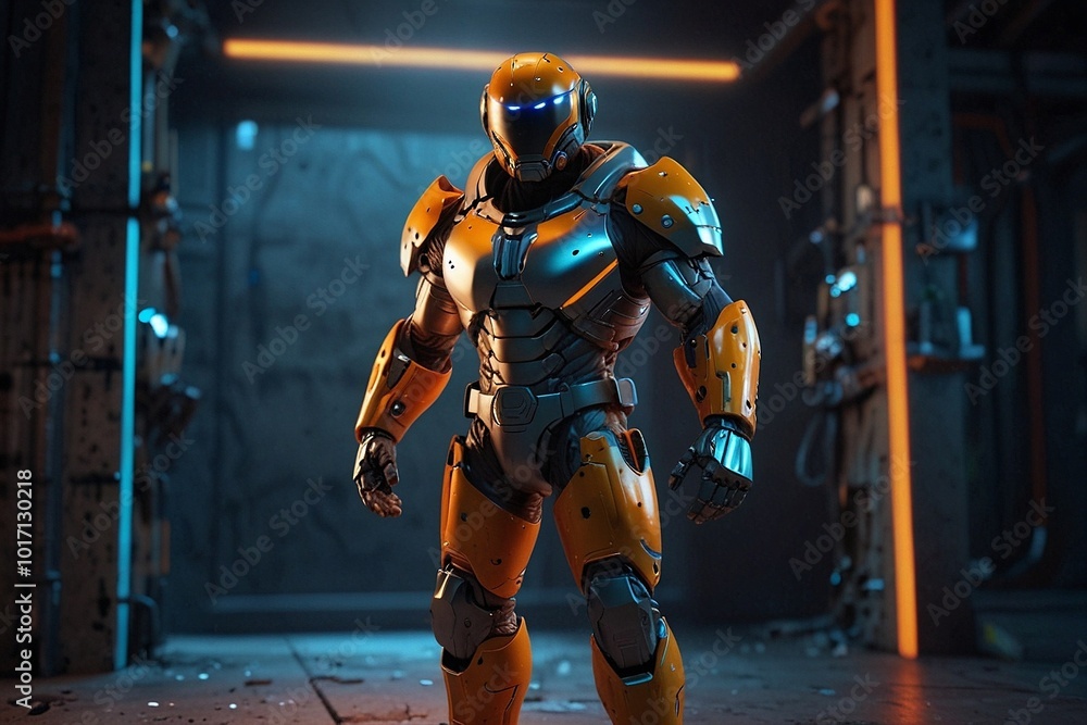 3d render of a cyborg-like robot, wearing heavy metal armor with some orange coverings and shields, standing in a cinematic light environment and facing the camera 3d render of a cyborg-like robot, wearing heavy metal armor with some orange coverings and shields, standing in a cinematic light environment and facing the camera