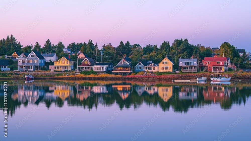 Colorful Houses Reflected in Still Water at Sunset Colorful Houses Reflected in Still Water at Sunset