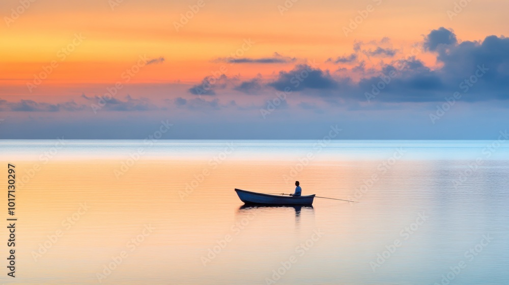 Fototapeta premium Solitary Figure in a Rowboat at Sunset Over Calm Water