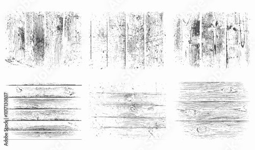 Wooden boards texture set. Grunge background design. Isolated vector pattern on white background