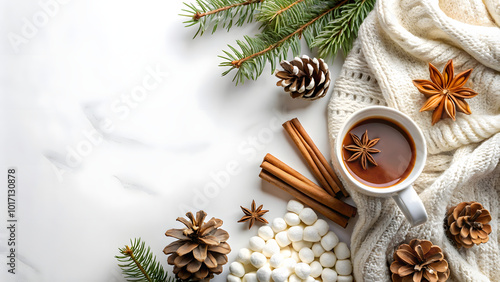 Cup of hot chocolate with marshmallows, cinnamon, anise, pine cone and knitted scarf on white background, top view, copy space