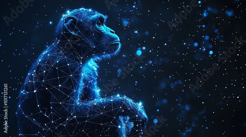 A digital blue monkey appears deep in thought against a cosmic backdrop, capturing a moment of introspection and connection in the digital landscape.