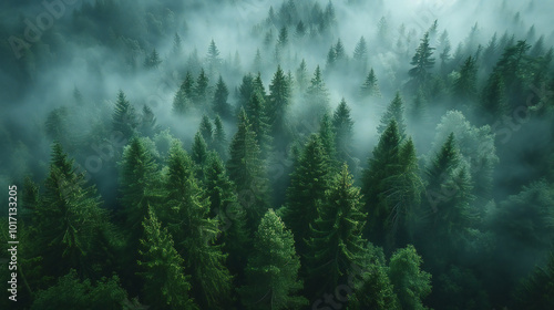 Aerial Shot of Forest in Fog at Sunrise