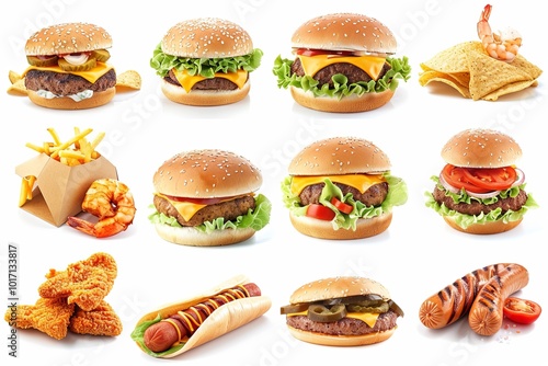 An assortment of mouth-watering fast food featuring burgers, fries, chicken, hot dogs, and shrimp on a clean backdrop. Generative AI