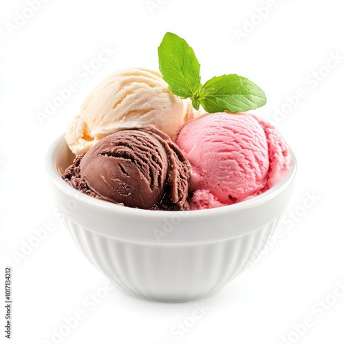 ice cream desser with three scoopes in white glass bowl solated on white clean background photo