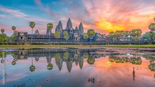 Breathtaking Sunset Reflection at Angkor Wat Cambodia s Iconic Ancient Temple Complex photo