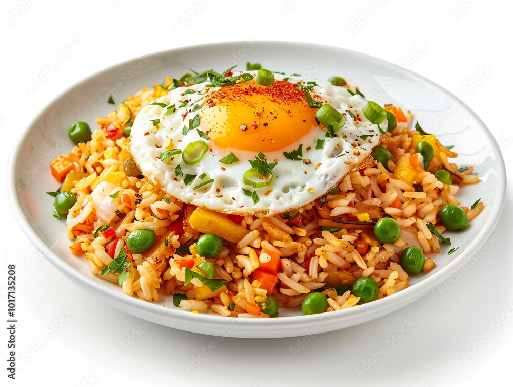 Delicious plate of fried rice with vegetables and crispy fried tofu Delicious plate of fried rice with vegetables and crispy fried tofu
