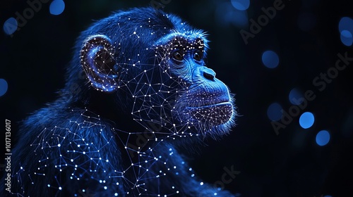 A side view of a monkey's face enhanced with digital, intricate lines, highlighted by blue lights, showcasing a blend of nature and technology vividly. photo